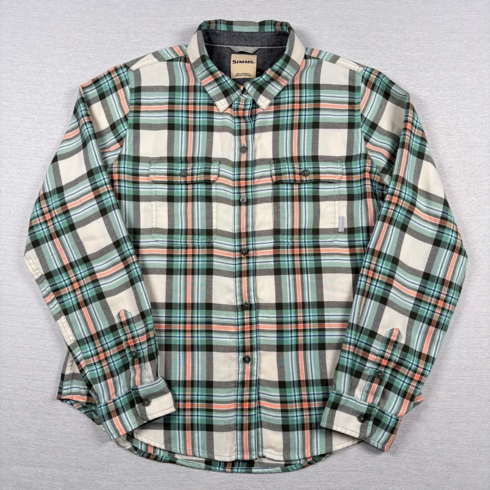 Simms Flannel Shirt Womens Large Green Plaid Cotton Polyester Long Sleeve Button